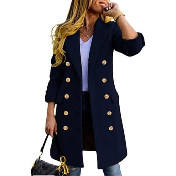 Women's Fall Winter Wool Coats Double Breasted Midi Peacoat Trench Coats Navy
